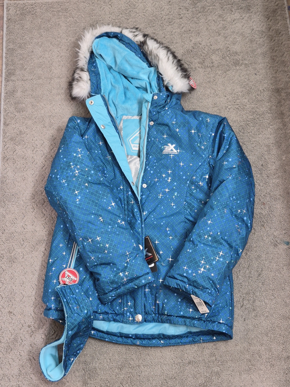ZeroXposur Girls Blue Sparkle Hooded Puffer with Faux Fur Trim